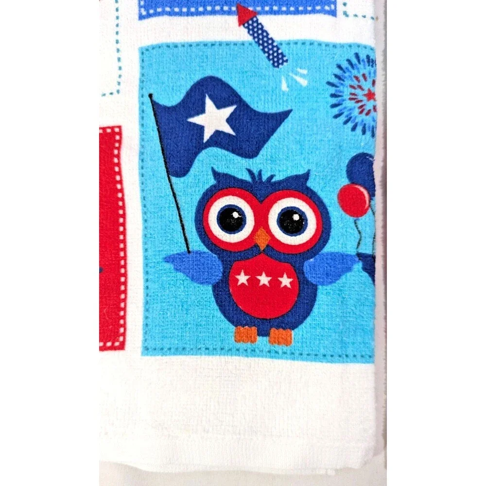 Patriotic Owls Kitchen Towels 2-Piece Fireworks Star Flag Red White Blue Cotton